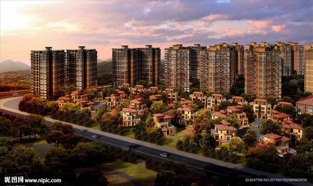 别墅住宅区鸟瞰黄昏建筑效果图
