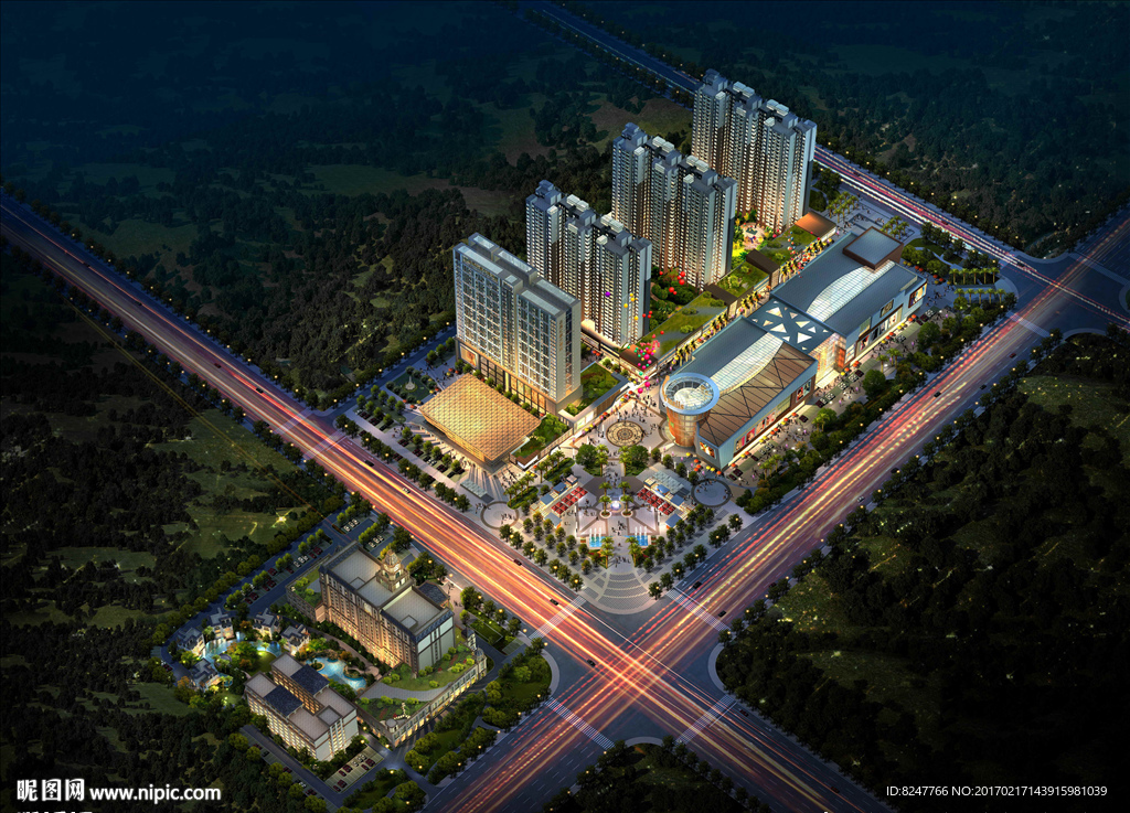 住宅休闲一体化鸟瞰夜景建筑效果