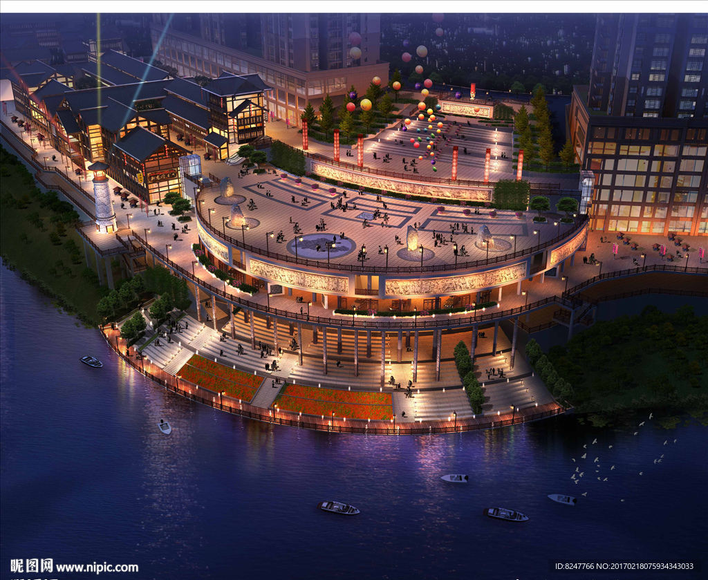 夜景湖边商业广场鸟瞰建筑效果图