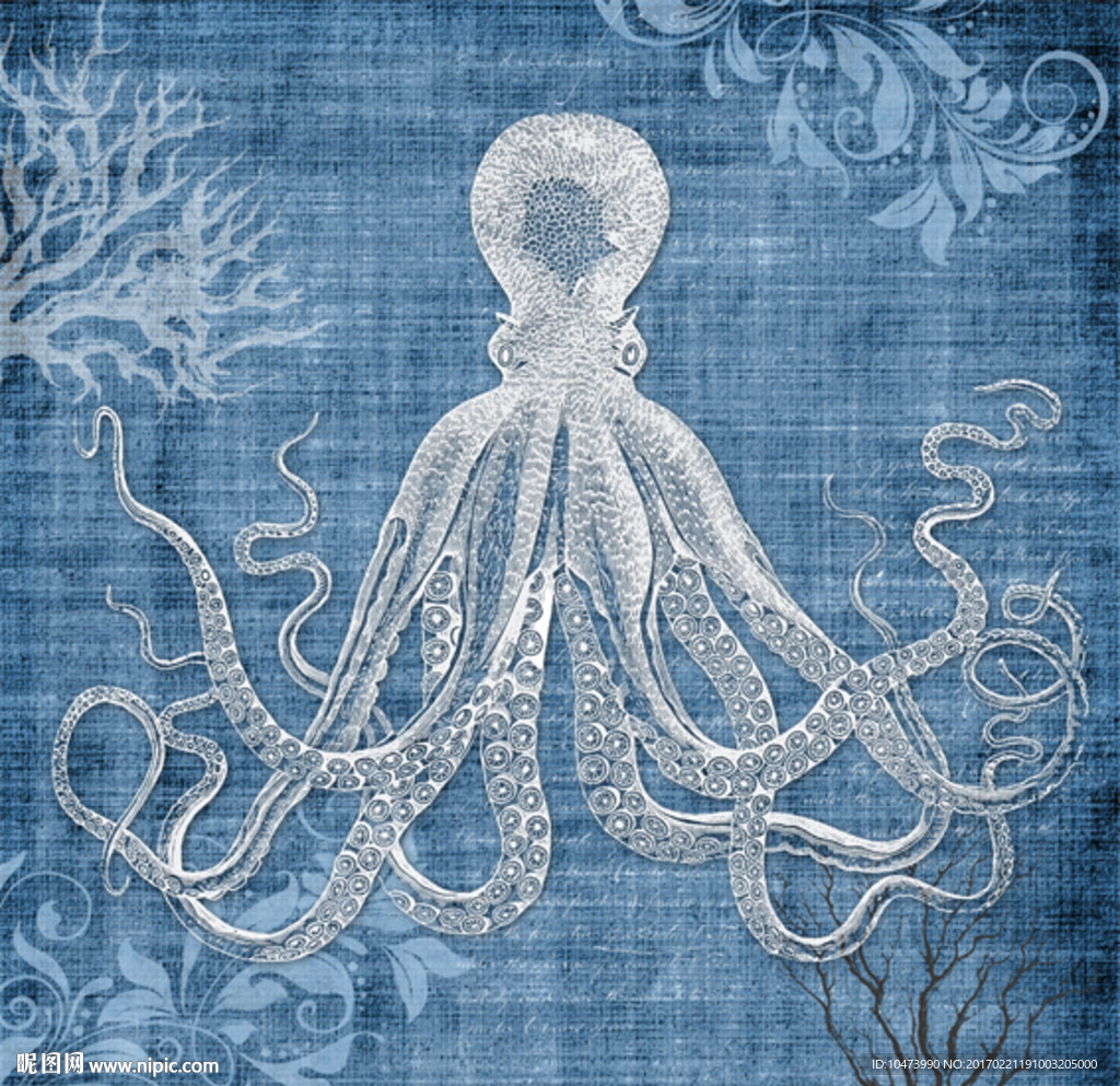蓝色章鱼复古装饰画