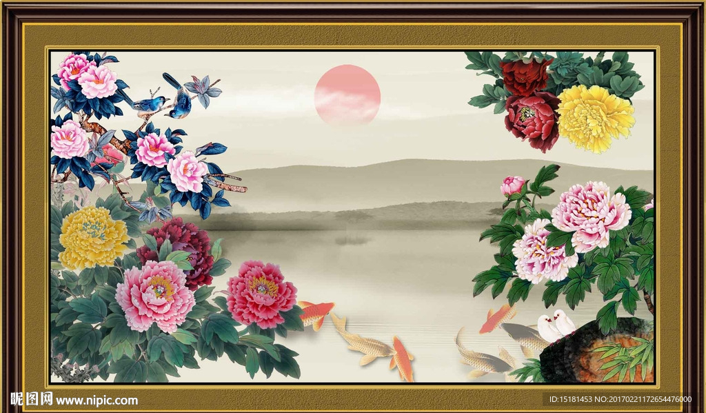 国画牡丹 九鱼图