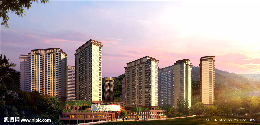 黄昏住宅区建筑效果图