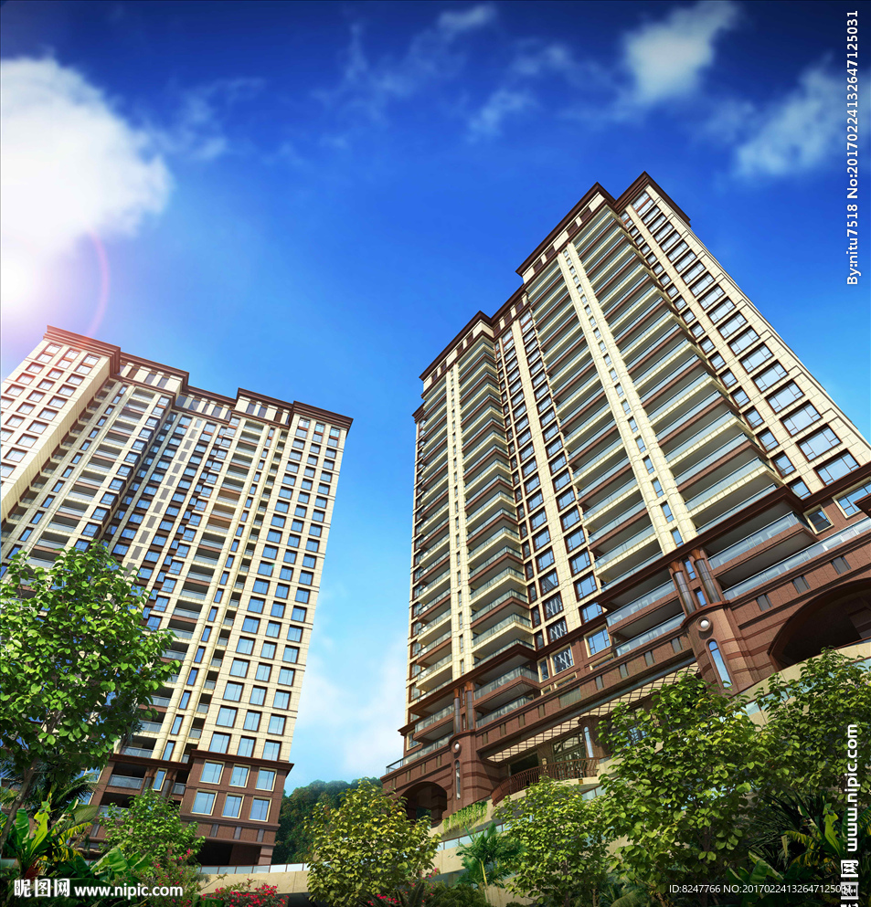 高层住宅蓝天白云仰视建筑效果图
