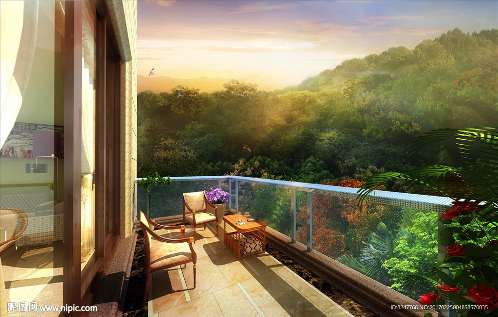 阳台黄昏美景建筑效果图