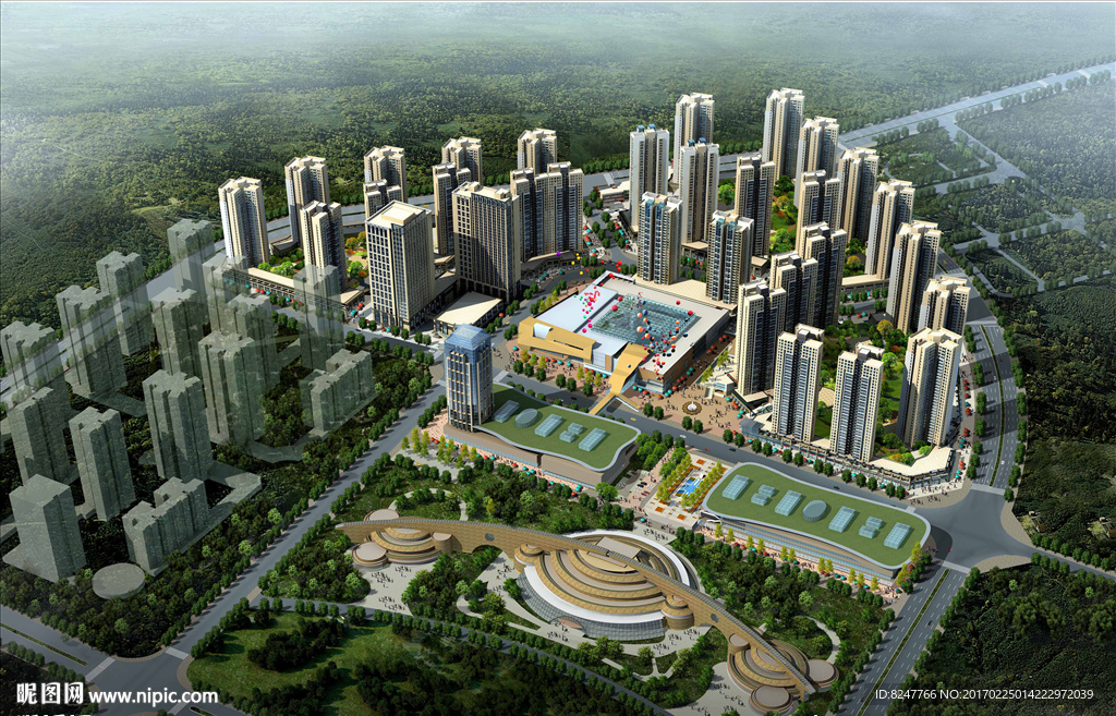 大型鸟瞰高层住宅区建筑效果图