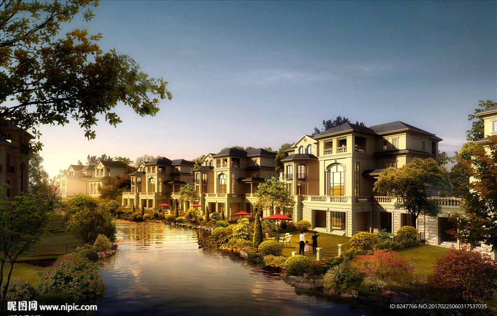 高档别墅住宅区黄昏建筑效果图