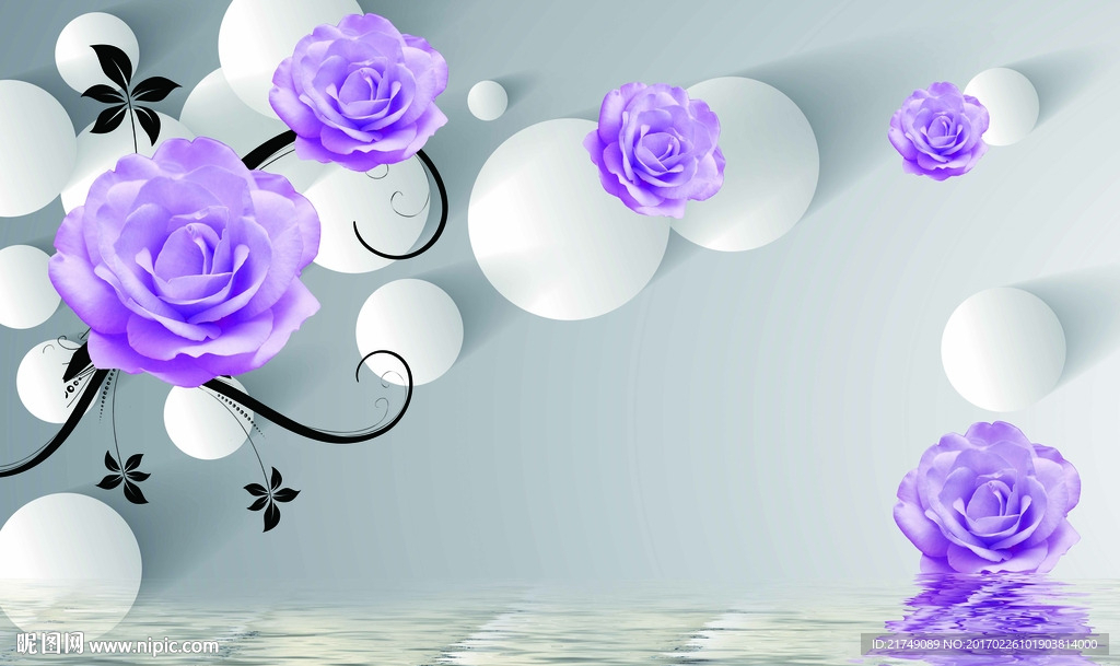 3D圆球紫玫瑰背景墙