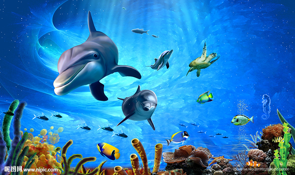 海底世界海豚装饰画背景墙
