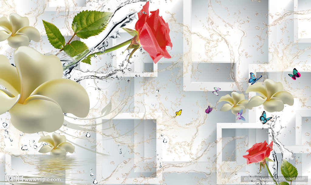 水中玫瑰花束立体墙纸背景墙