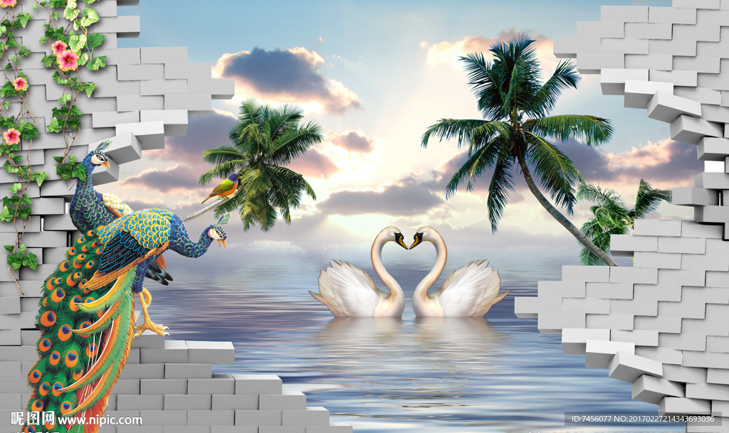 天鹅湖孔雀椰树墙面立体背景墙