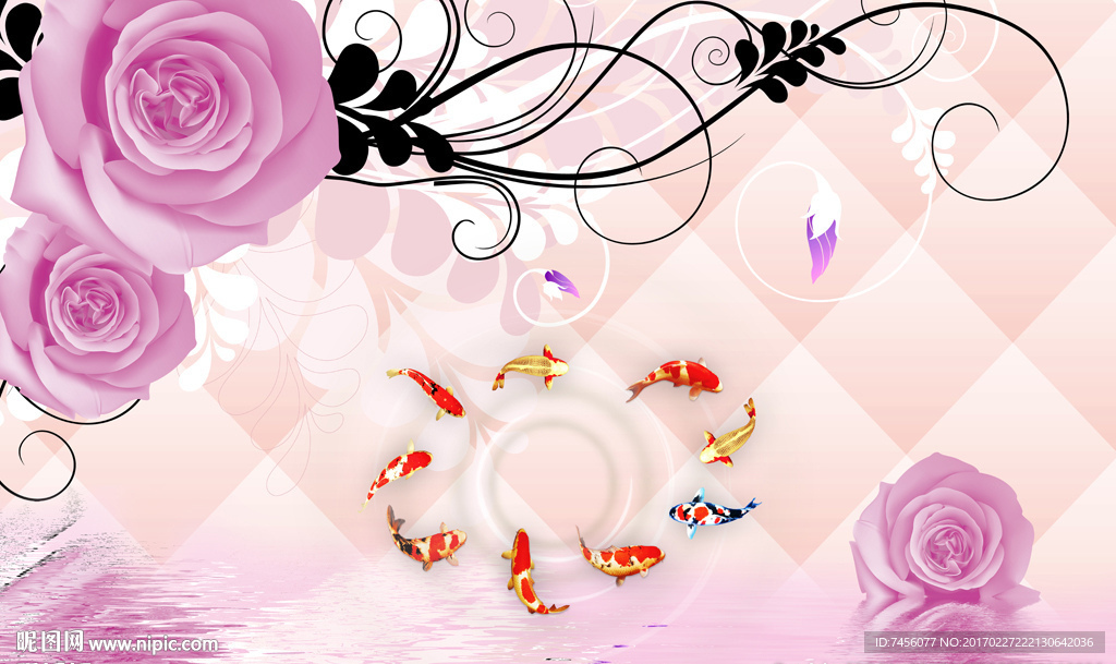 玫瑰花花藤九鱼图软包背景墙