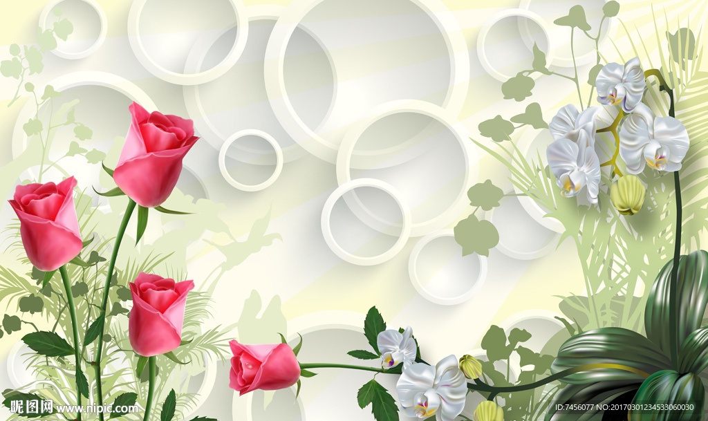 玫瑰花兰花立体圈圈背景墙