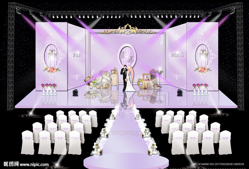 紫色婚礼舞台效果图素材