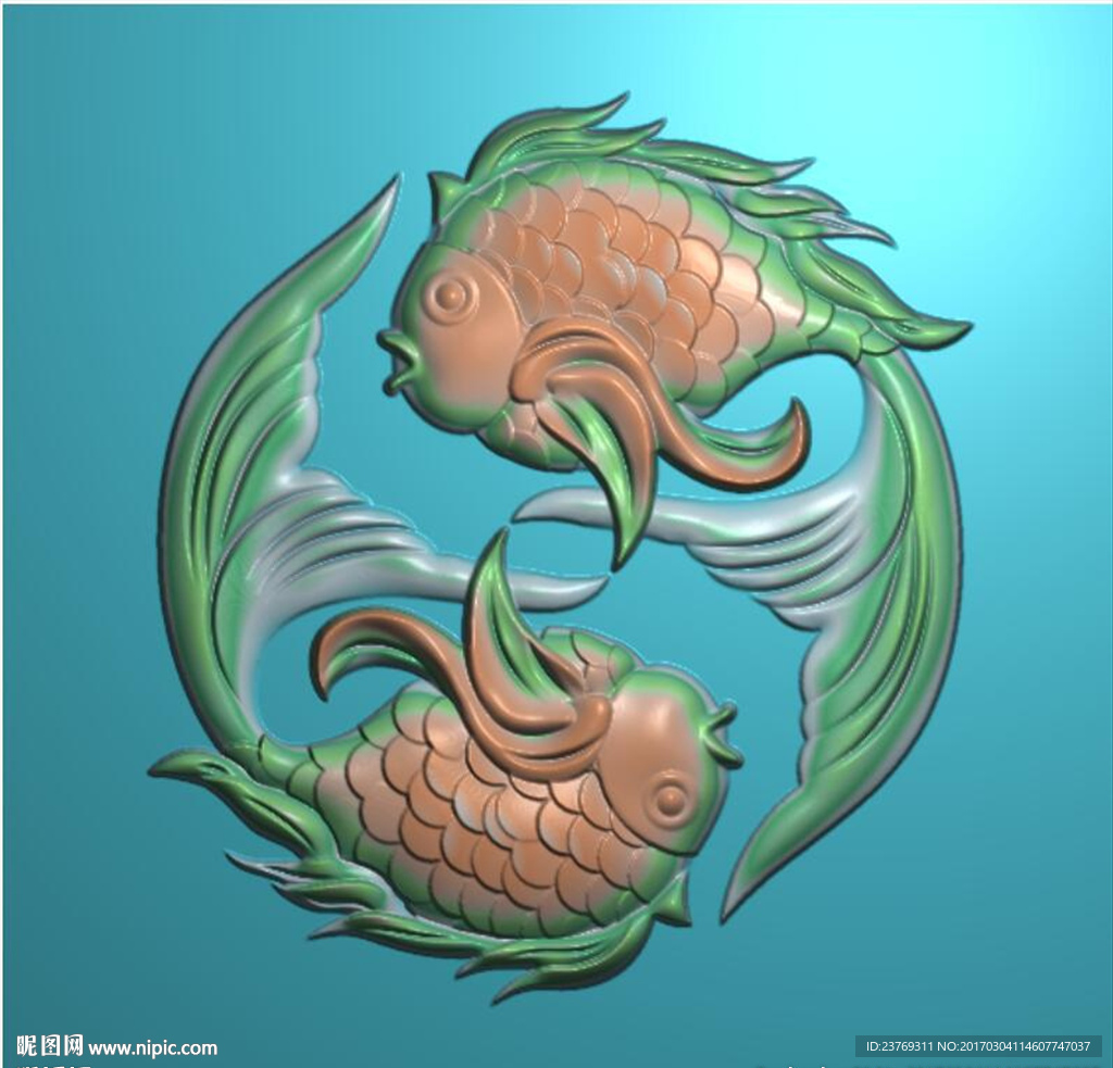 金鱼挂件双鱼精雕图浮雕图灰度