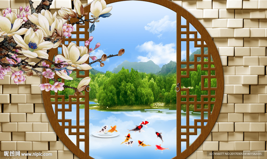 玉兰花九鱼图风景画墙面背景墙