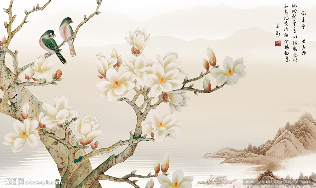 国画花鸟玉兰背景墙壁画