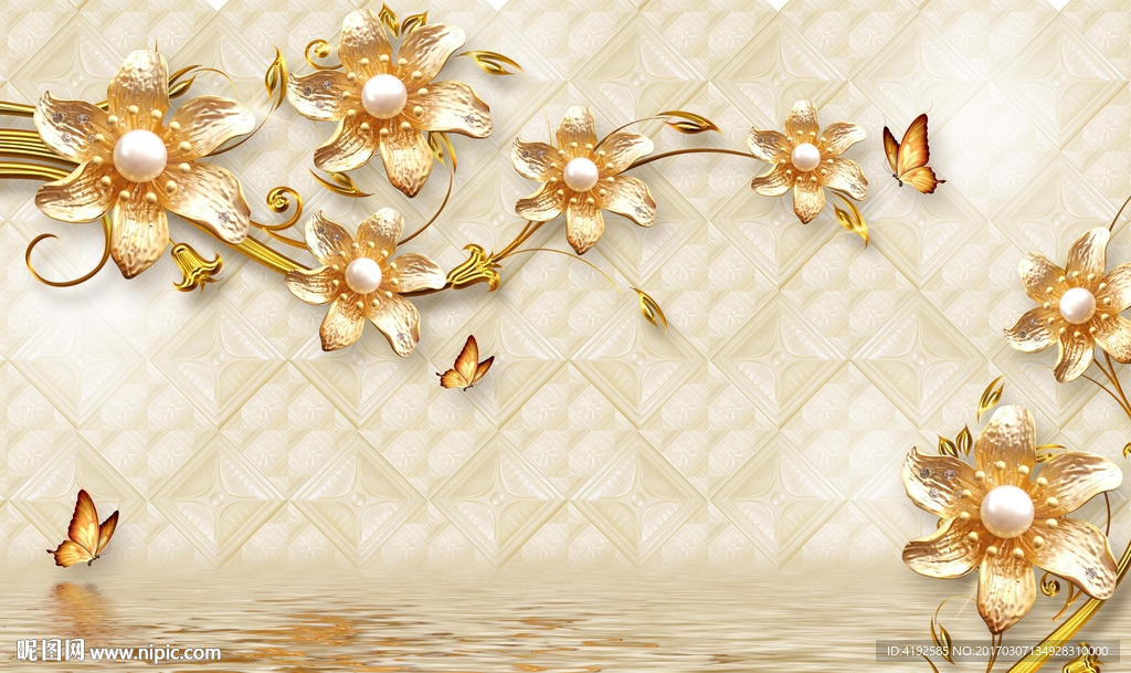 金色珠宝花朵电视背景墙