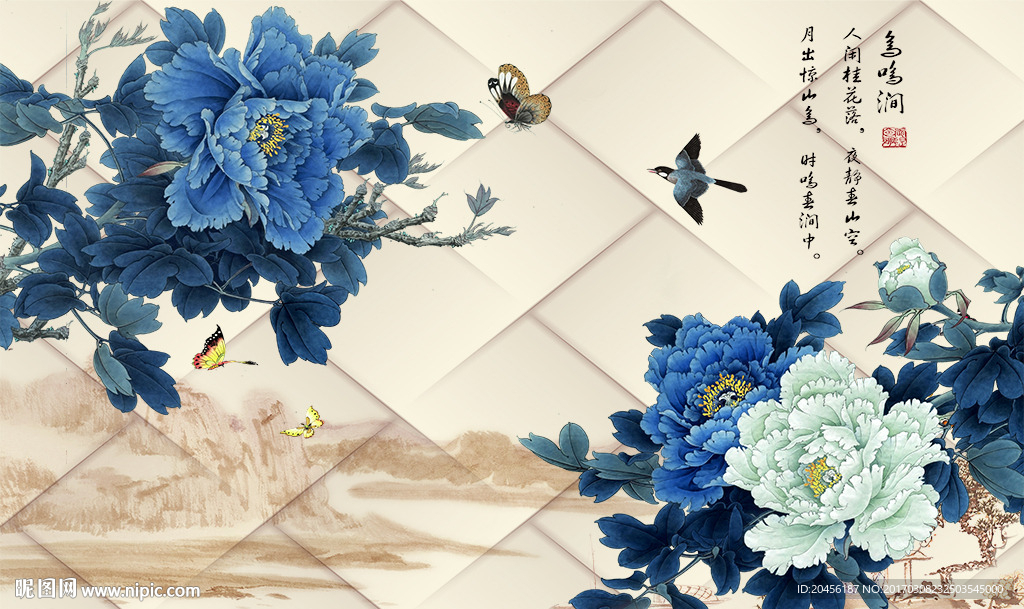 3D水墨牡丹背景墙