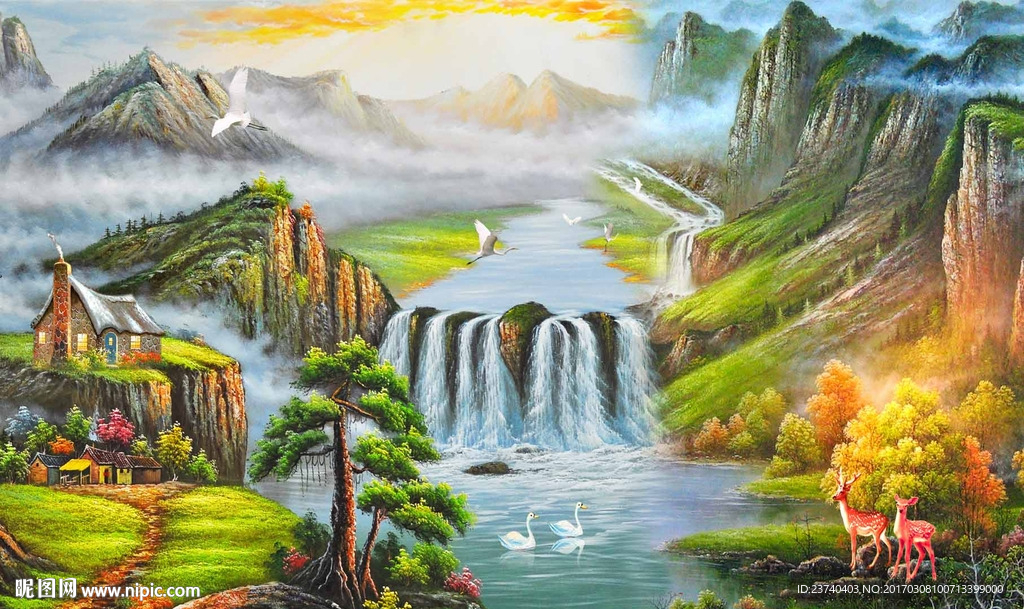 油画山水电视背景墙