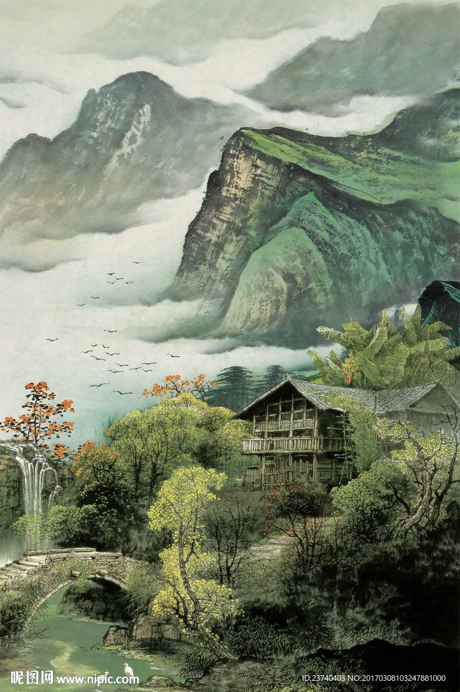 国画山水玄关背景墙