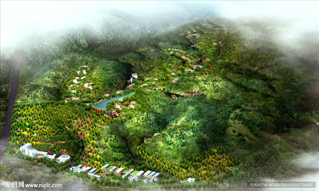 鸟瞰山庄别墅建筑效果图