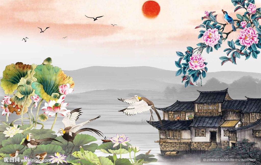 中式荷花背景墙