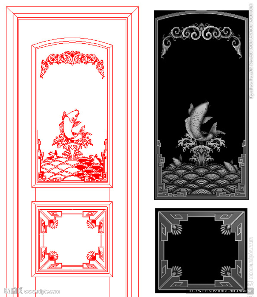 鲤鱼门花欧式洋花 门贴花精雕图