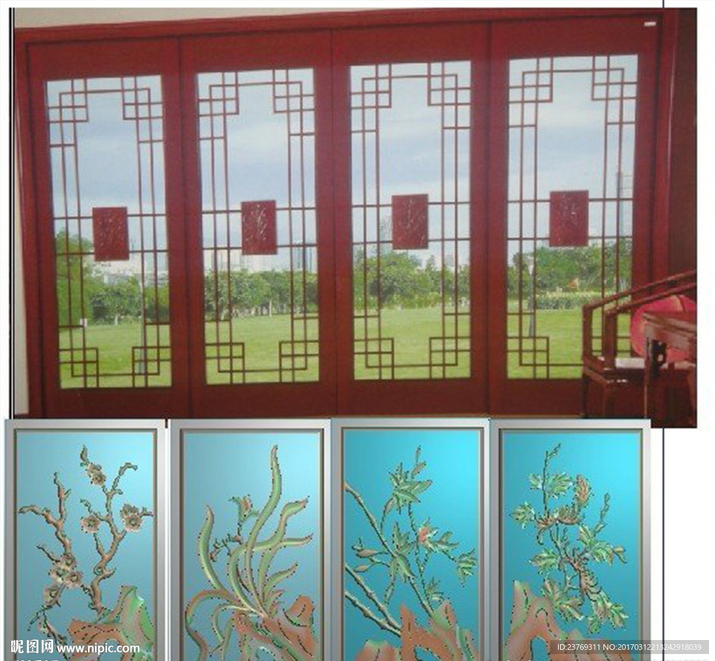 梅兰竹菊门板花门芯花精雕图浮雕