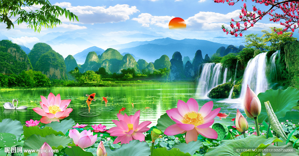 荷花3D电视背景墙