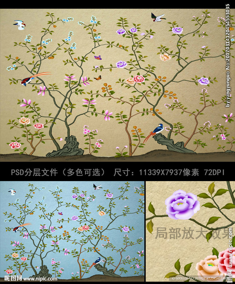 中式手绘花鸟壁画背景壁纸装饰