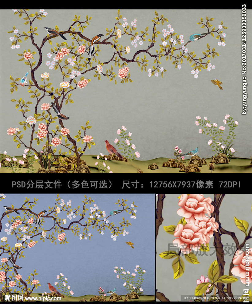 中式手绘花鸟背景壁画