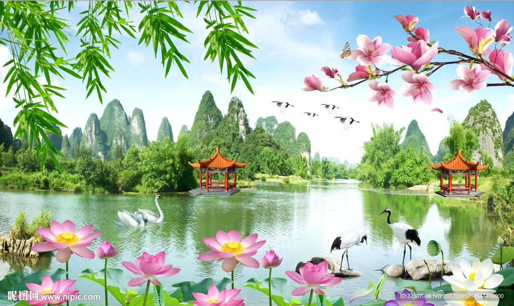 玉兰荷花风景图