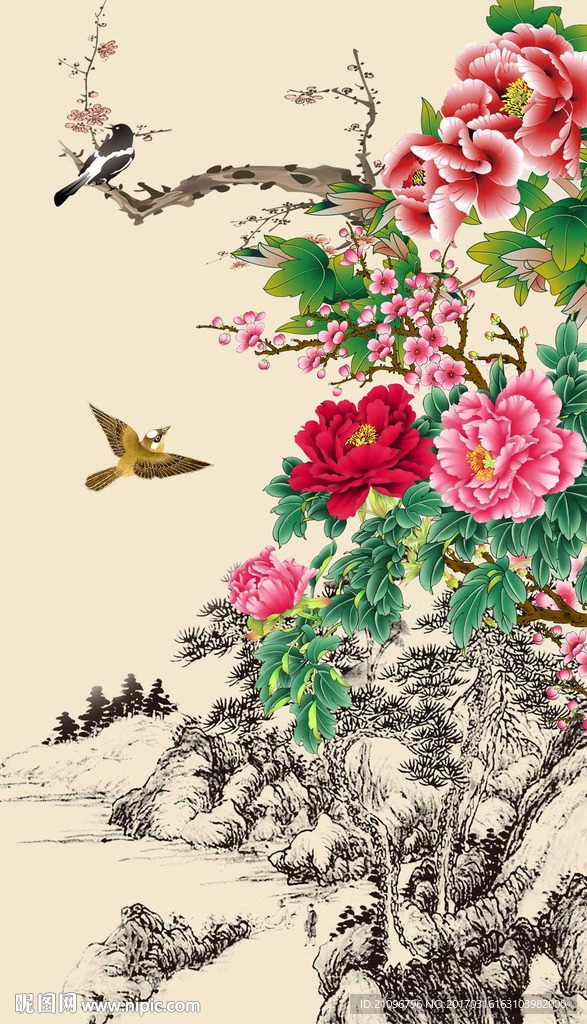 牡丹花鸟玄关