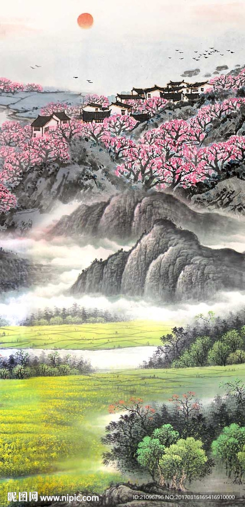 国画山水旭日东升背景墙