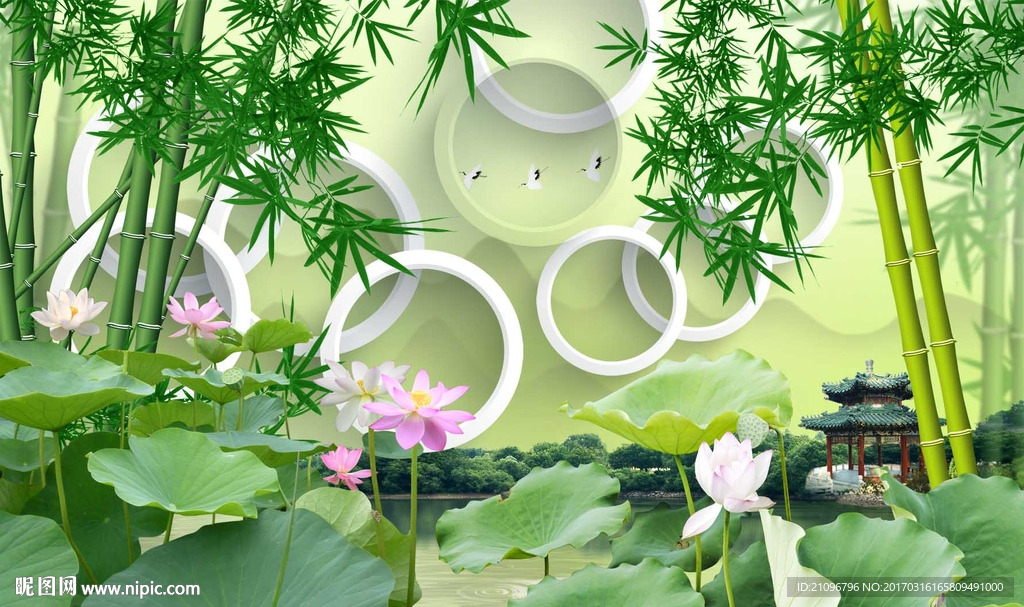 中式荷花竹子电视背景墙