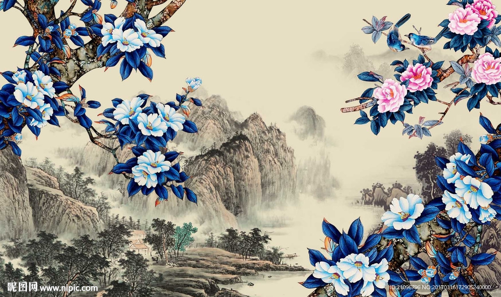 国画花鸟背景墙