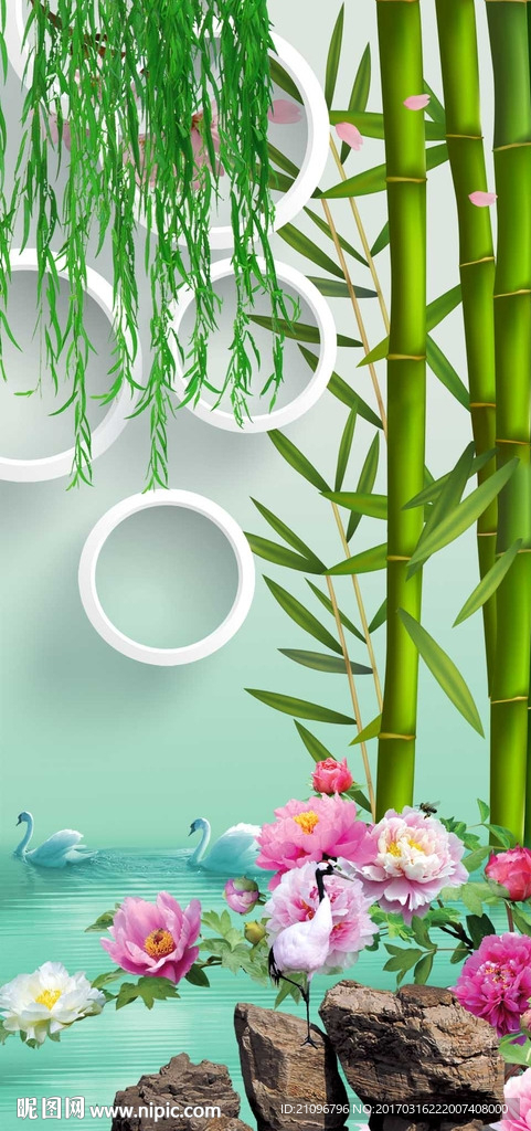中式竹子花鸟背景墙
