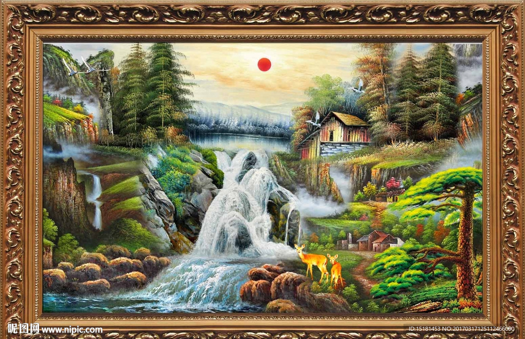 油画瀑布风景