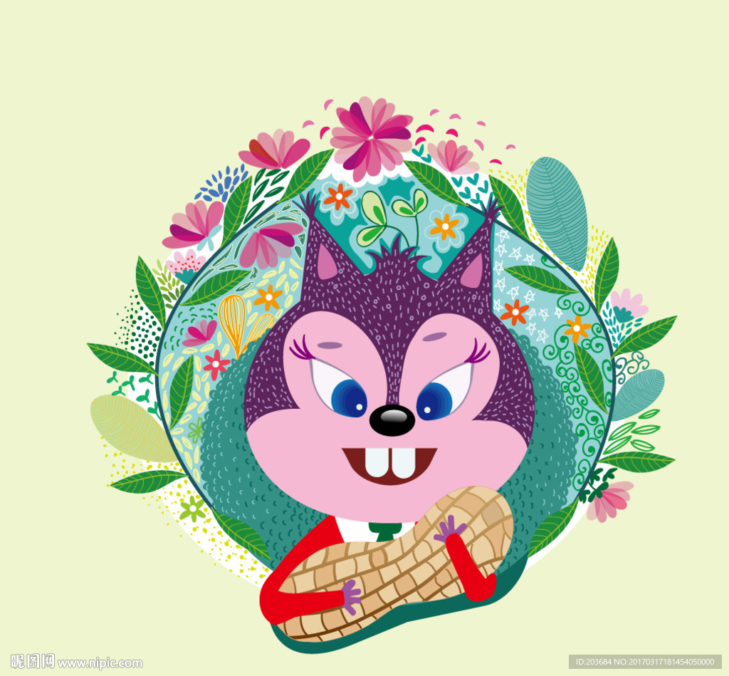 AI松鼠爱花生唯美装饰背景图案