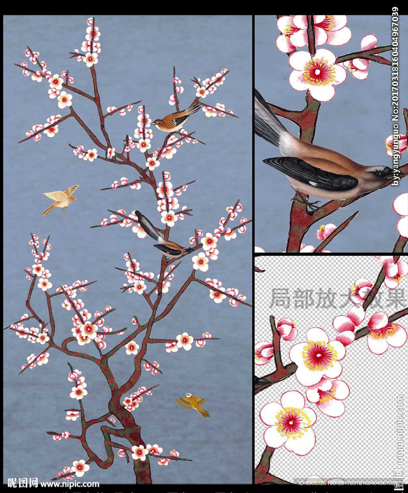 中式手绘梅花背景壁画壁纸