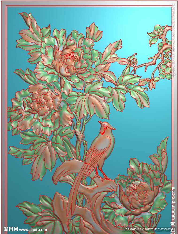 四季牡丹花鸟屏风精雕浮雕灰度
