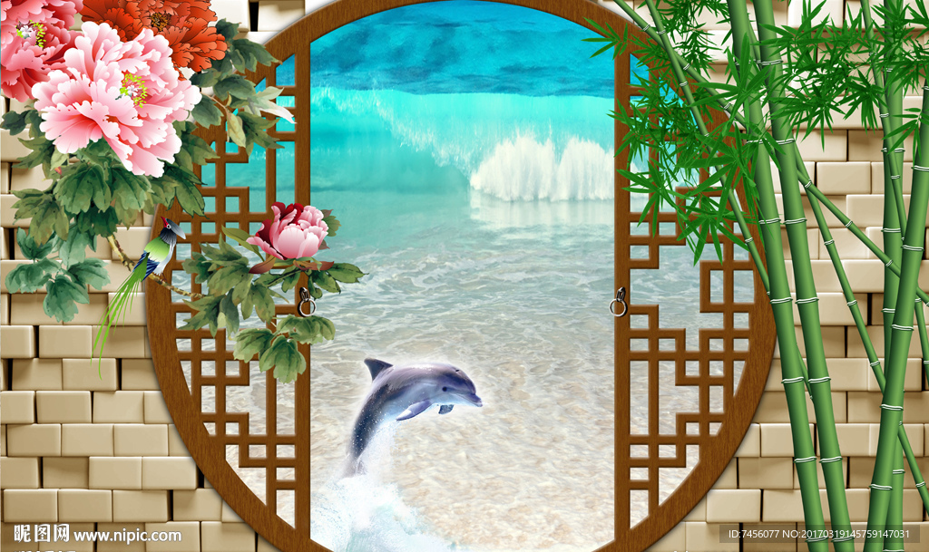 竹林牡丹花海豚立体背景墙