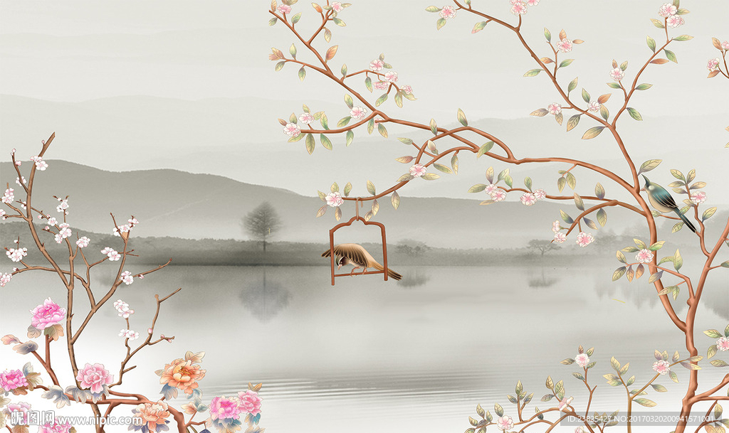 新中式山水玉兰花鸟壁画电视背景