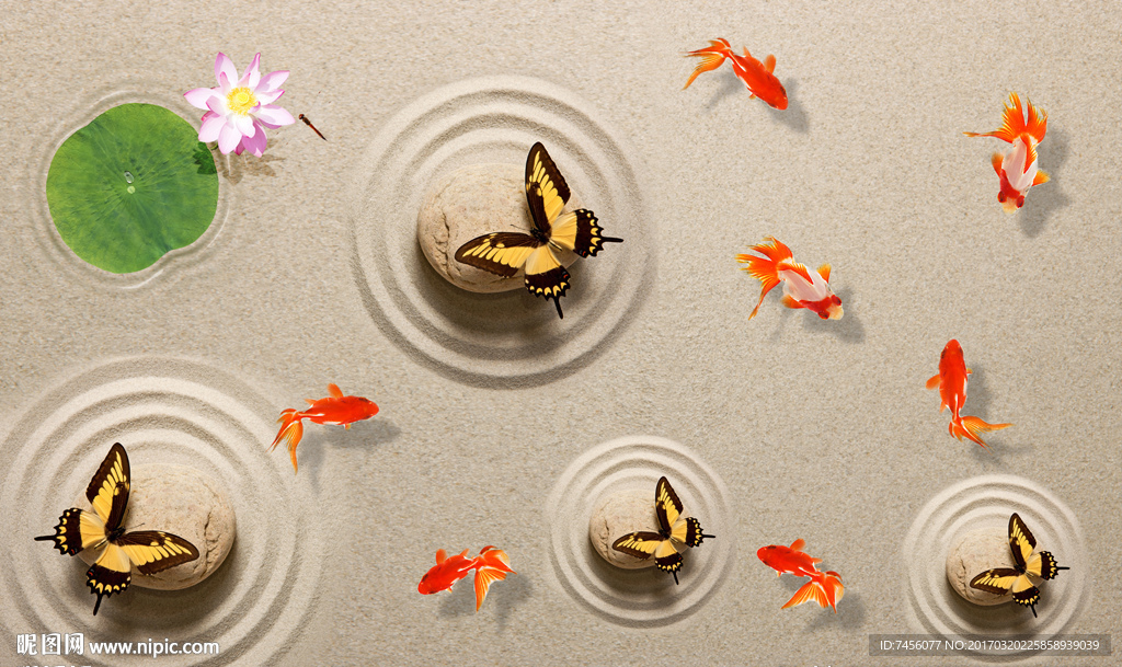 莲花金鱼蝴蝶波纹立体地画背景墙