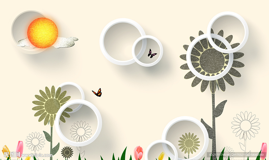 简约太阳花圈圈电视背景墙