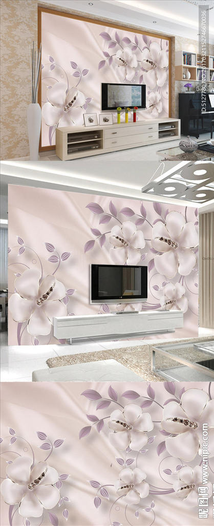 3D紫色大气珠宝花朵电视背景墙