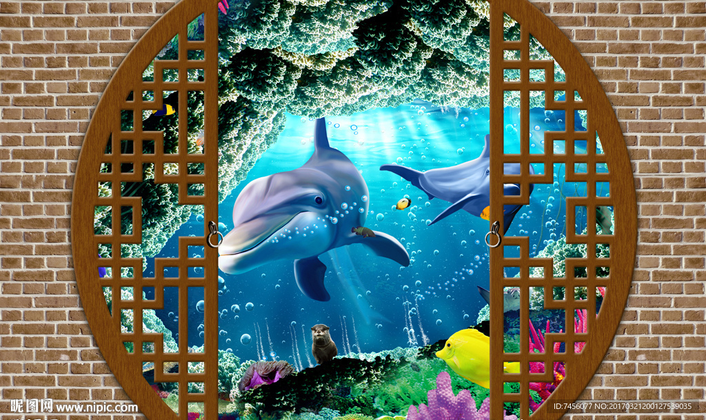 海景海豚游鱼墙面立体背景墙