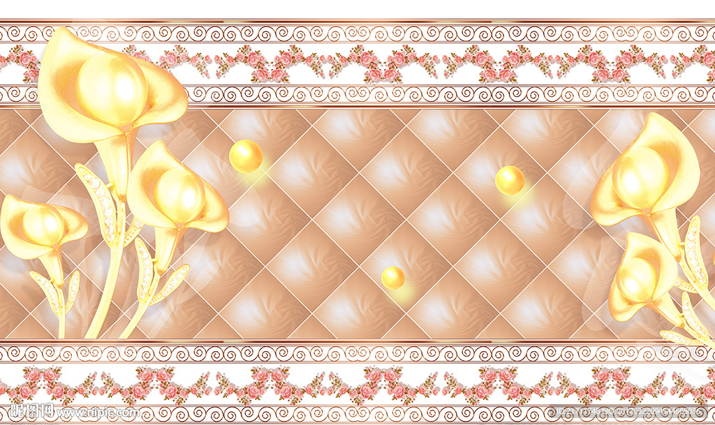 黄色花卉玫瑰花纹软包电视背景墙