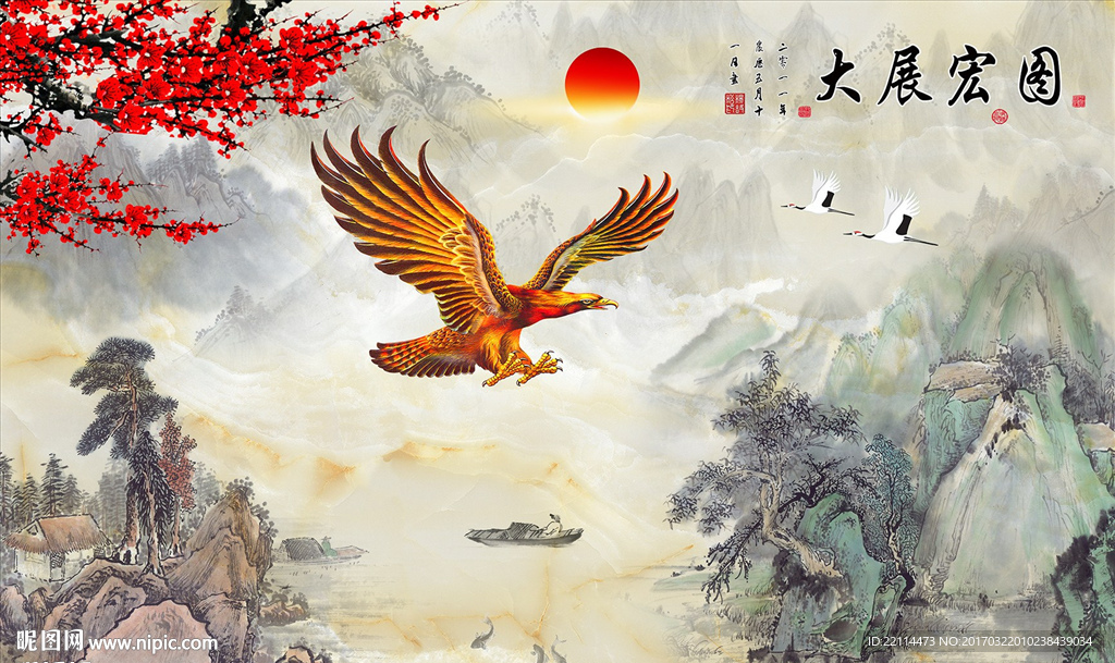 高清石纹大展宏图客厅背景墙壁画