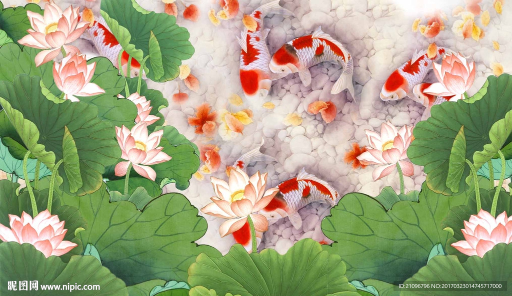 荷花九鱼图背景墙